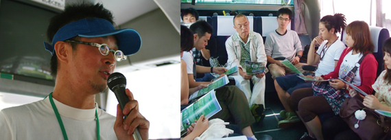 写真(左)：ツアーディレクターからの車内レクチャー　写真(右)：サロン風に活用した車内勉強会
